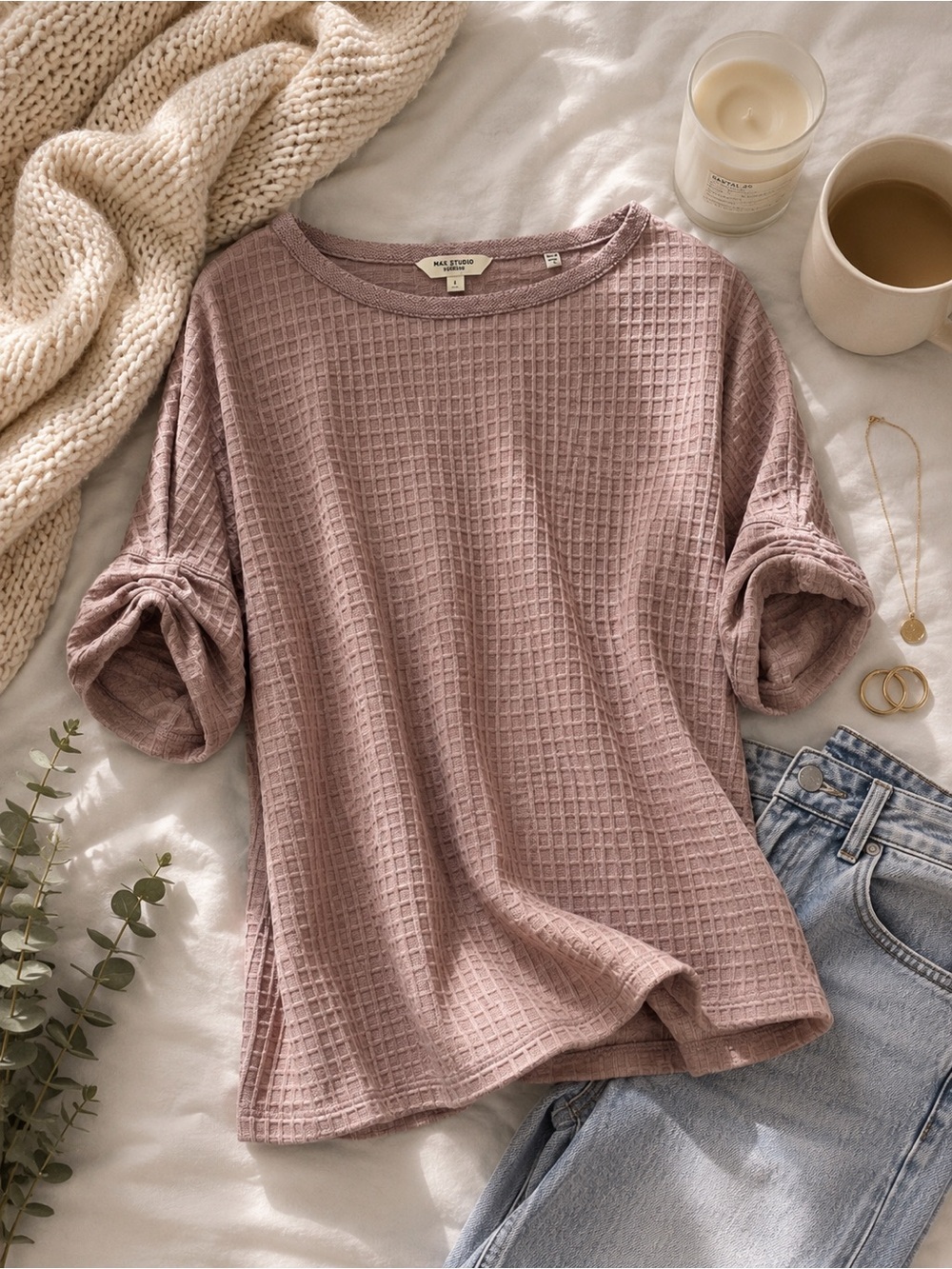 Max Studio Mauve Waffle Knit Short Sleeve Sweatshirt